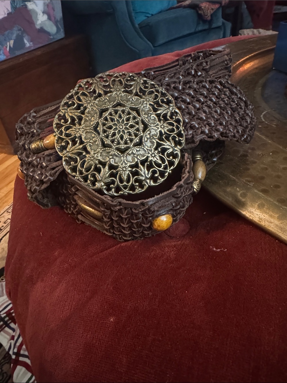 Source Unknown Brown Woven Belt with Ornate Gold Medallion Buckle
